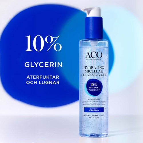 A clear bottle of hydrating micellar cleansing gel with a blue cap, promoting 10% glycerin for skin soothing and balance.