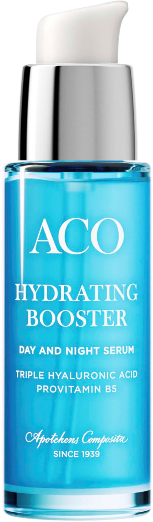 En blå glasflaska med vit pump, märkt 'ACO Hydrating Booster' för dag- och nattanvändning.
