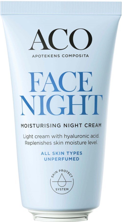 En tub med ACO Face Night återfuktande nattkräm, lämplig för alla hudtyper, innehåller hyaluronsyra.
