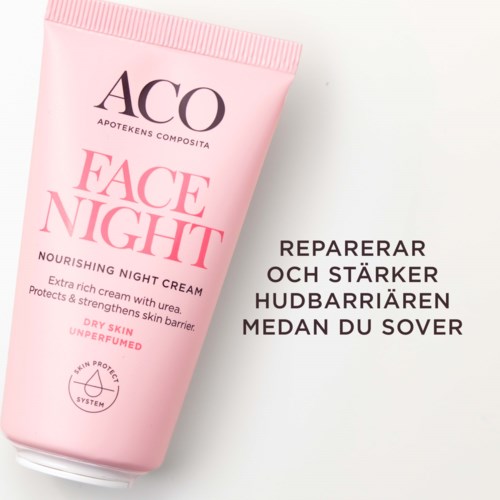 Ljusrosa tub med näringsrik nattkräm för torr hud, skyddar huden och hjälper den att återhämta sig medan du sover.