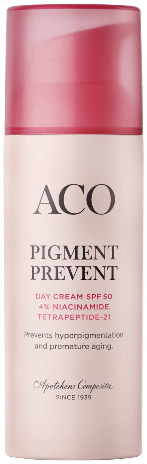 Eine lange Flasche mit rosa Kappe, beschriftet 'ACO Pigment Prevent', zur Verhinderung von Hauthyperpigmentierung und Alterung.
