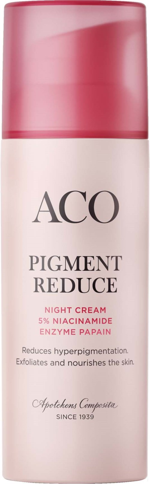 En hudvårdsflaska för nattkräm, märkt ACO Pigment Reduce med ingredienser som niacinamide och enzym papain.
