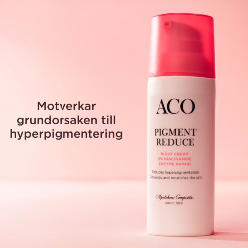 En vit flaska med rosa lock märkt 'ACÓ Pigment Reduce Night Cream' mot en rosa bakgrund.