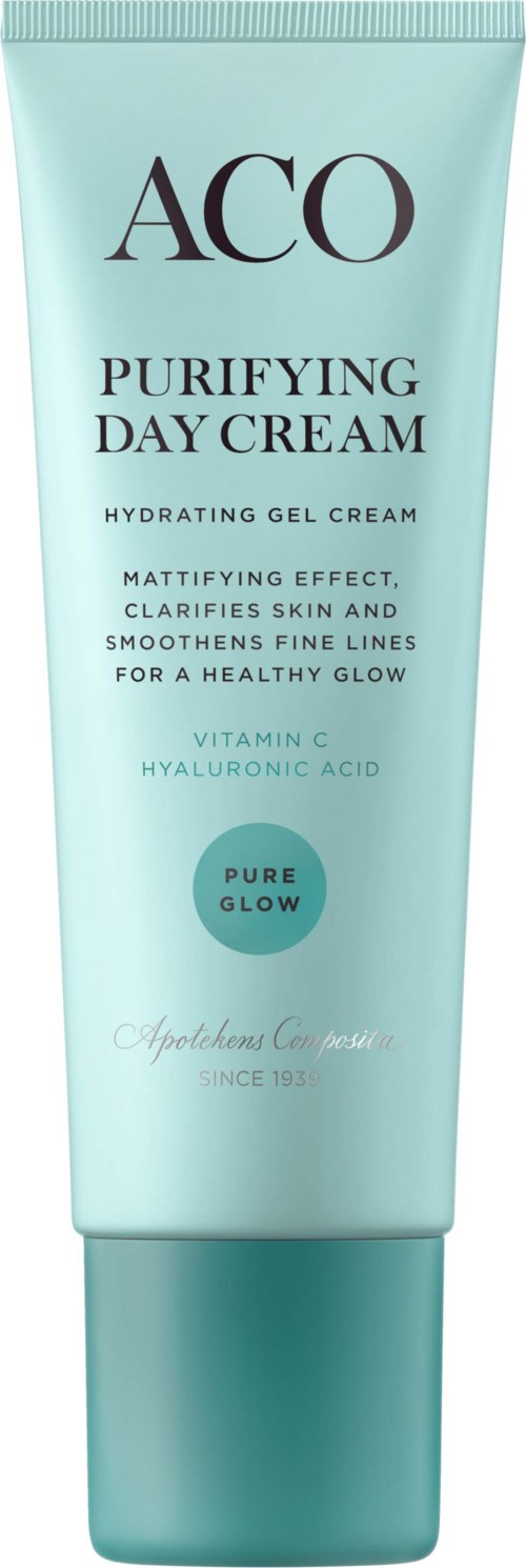 En ljusblå tub med ACO Purifying Day Cream med vit och svart text, betonar återfuktning och klar hy.