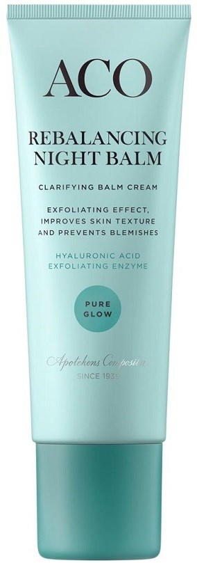 En tub med ACQ Rebalancing Night Balm i ljusblå förpackning, som beskriver dess fördelar för huden och glow.