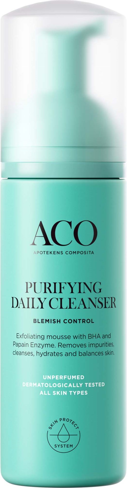 Eine hellgrüne Flasche ACO Purifying Daily Cleanser mit Pump, für Hautunreinheiten und Reinigung.