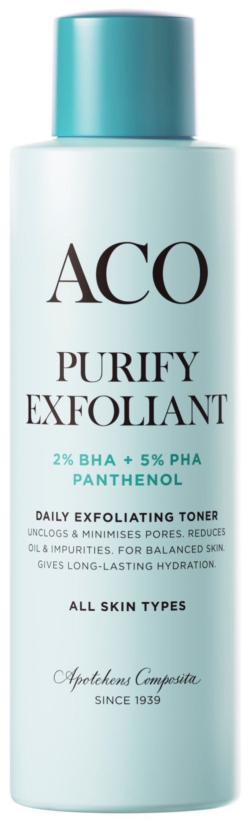 Lange, weiße Flasche mit Türkis-Deckel, beschriftet 'ACO Purify Exfoliant' für Hautreinigung.