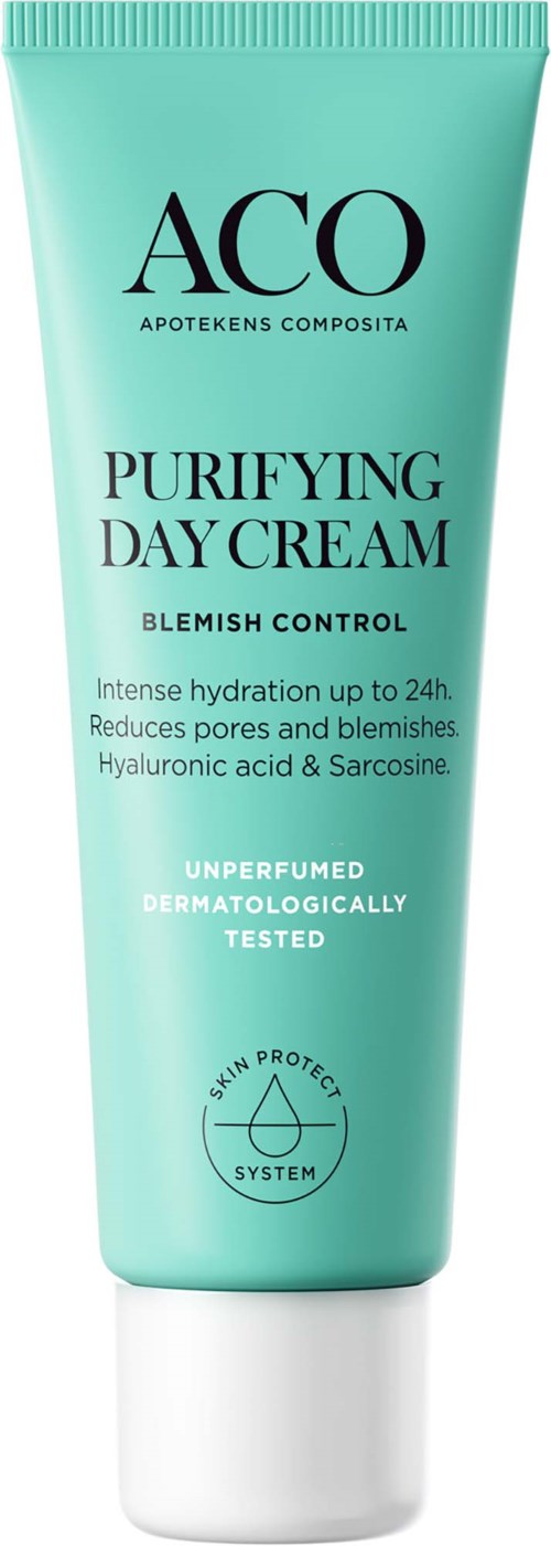 En lys grønn tube med ACO Purifying Day Cream som gir fukt og bekjemper kviser med naturlige ingredienser.