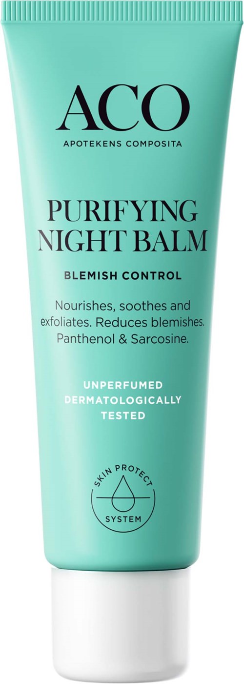 En lyseblå tube med ACO Purifying Night Balm for å kontrollere blemjer og gi næring til huden.