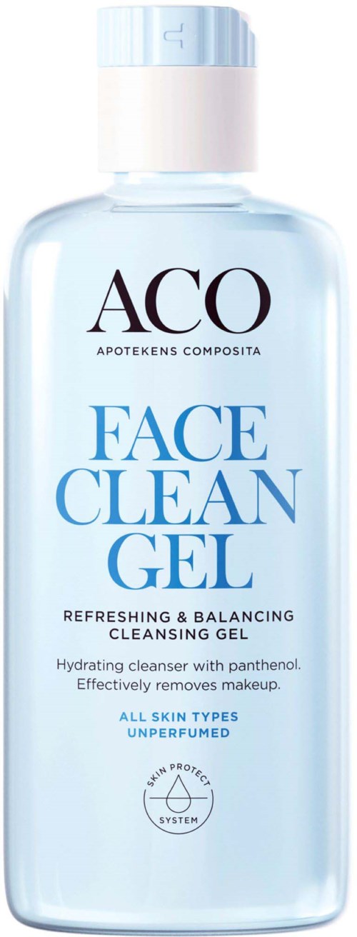 En tydlig plastflaska med vit kork märkt 'ACO Face Clean Gel' för rengöring och makeupborttagning.