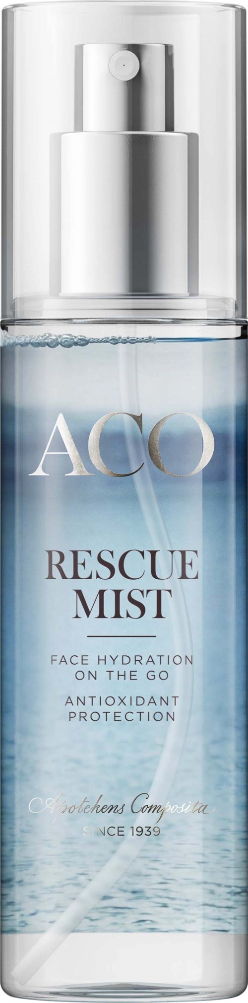 En klar flaska med blå vätska, märkt 'Rescue Mist' för ansiktsfuktning och skydd, med pumpupplägg.