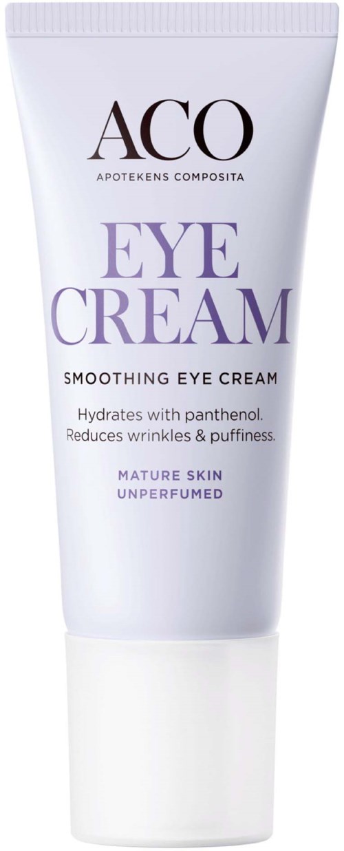 En vit tub märkt 'ACO Eye Cream' med lila text, lovar fukt och minskning av rynkor för mogen hud.