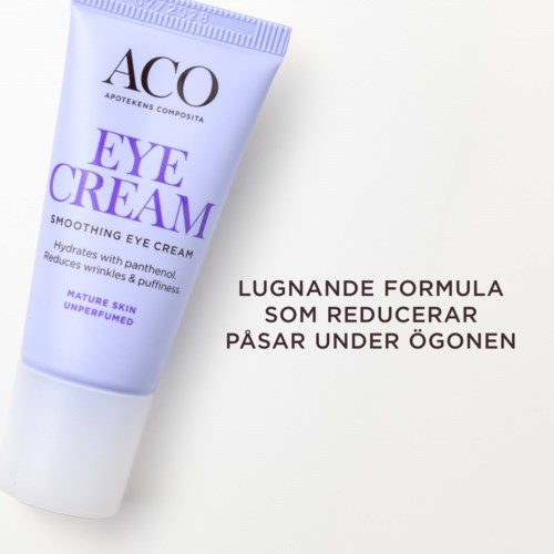 En tub med ögonkräm med lila och vit förpackning, som säger att den återfuktar och minskar rynkor. Text förklarar dess fördelar.