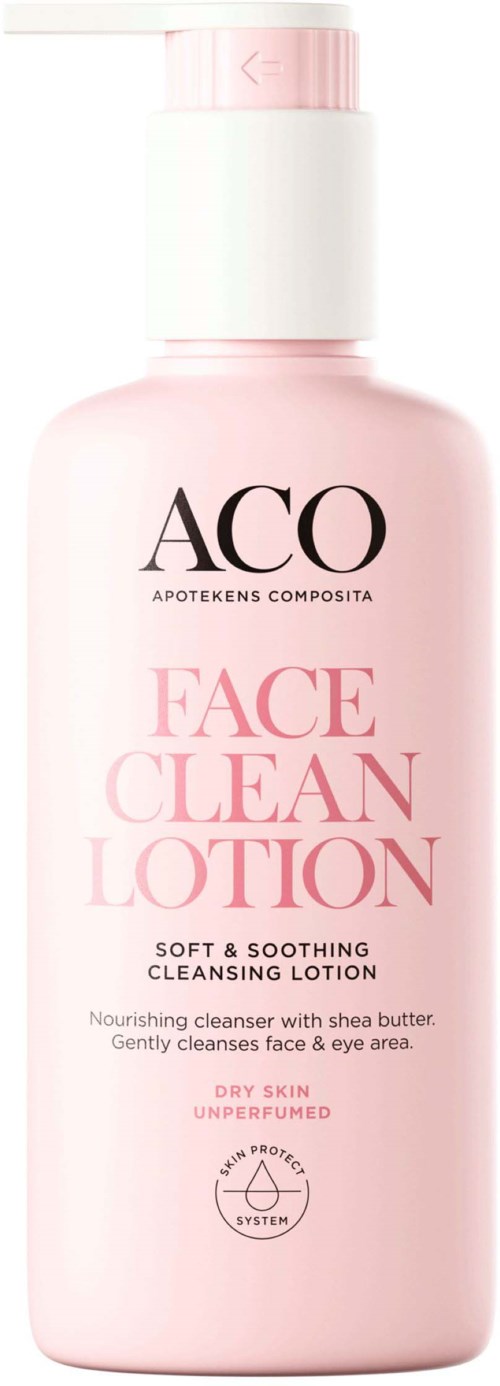 En rosa flaska med etiketten 'ACO Face Clean Lotion' för skonsam rengöring av ansiktet, lämplig för torr hud, oparfymerad.