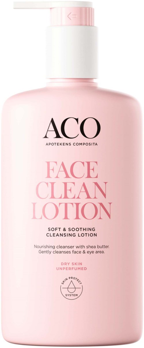 En rosa flaska märkt ACO Face Clean Lotion, mjuk och lugnande, med pumpfunktion, för torr hud, oparfymerad.