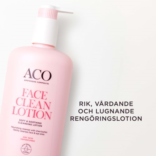 En rosa flaska ansiktsrengöringslotion med pump, märkt 'ACO Face Clean Lotion' för skonsam rengöring och hudvård.