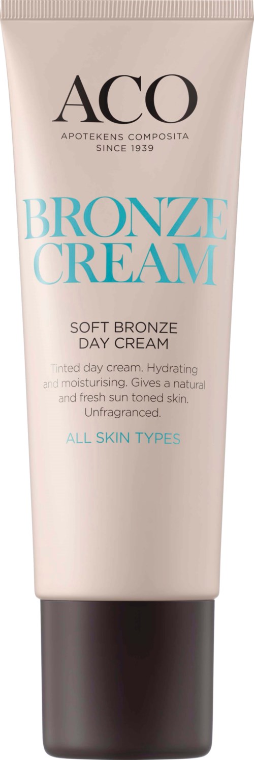 A tube of ACO Bronze Cream, a soft bronze day cream for all skin types that hydrates and brightens skin.