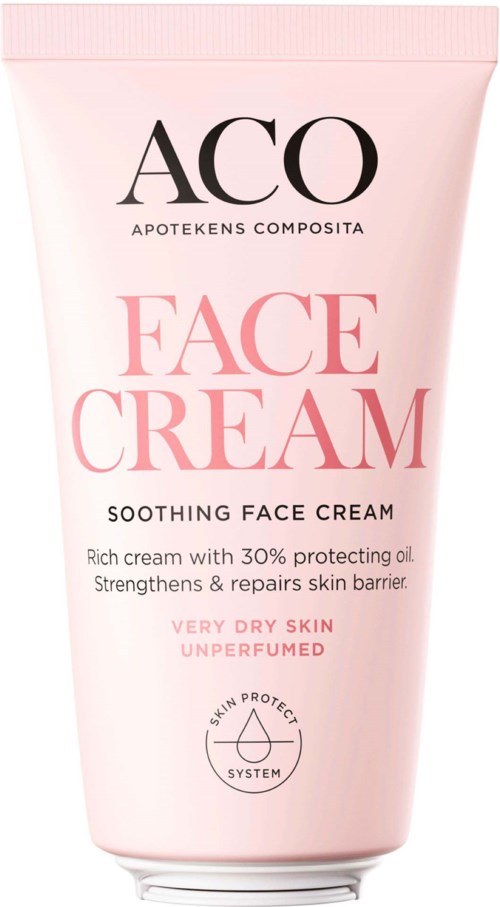 Pink tube of ACO face cream for very dry skin, unperfumed, with 30% protecting oil, and skin barrier support.