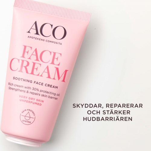 A pink tube of face cream with text about soothing and protecting dry skin.