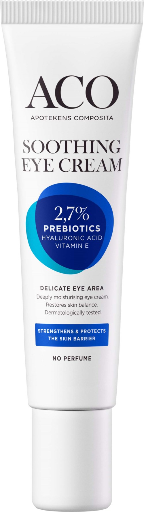 En vit tub med svart och blå text, märkt 'ACÓ SOOTHING EYE CREAM' för skonsam ögonvård.
