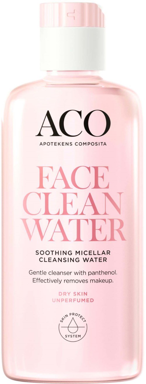 Ljusrosa flaska märkt 'Aco Face Clean Water' för skonsam borttagning av smink och rengöring,