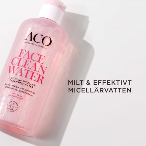 En rosa ansiktsrengöringsflaska med svart och rosa text, tillsammans med svenska ord som beskriver effektiv micellärvatten.