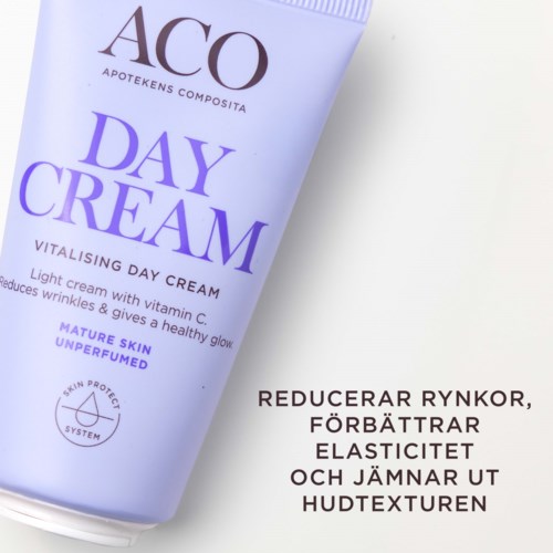 En ljuslila tub med dagkräm märkt 'ACO Day Cream' som ger frisk, ung hud. Den är parfymfri.