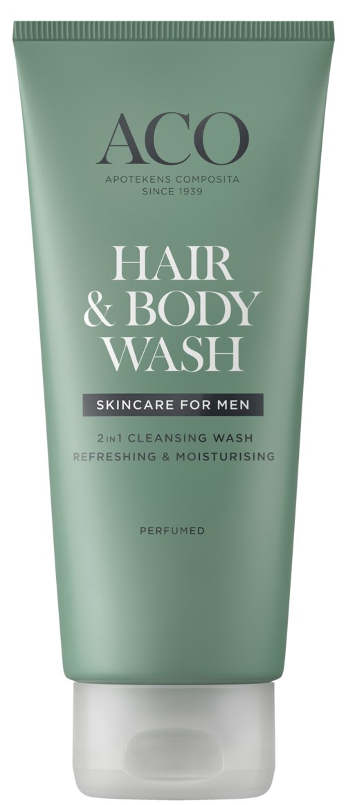 En grön tub märkt 'ACO Hair & Body Wash for Men' med vit och svart text.