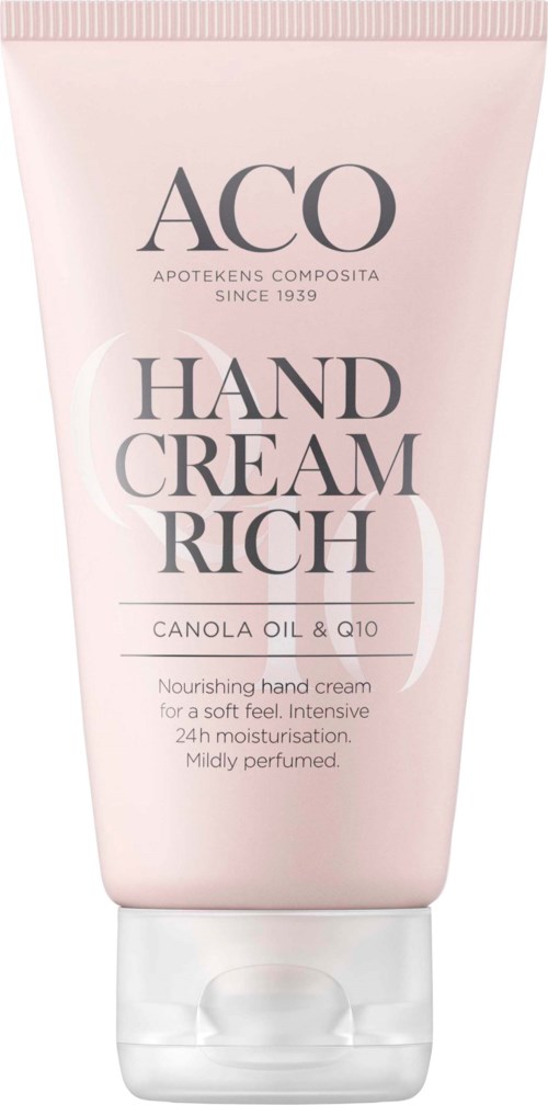 Rosa tub med handkräm märkt 'ACO Hand Cream Rich' med rapsolja och Q10, främjar återfuktning och lugnande effekt.