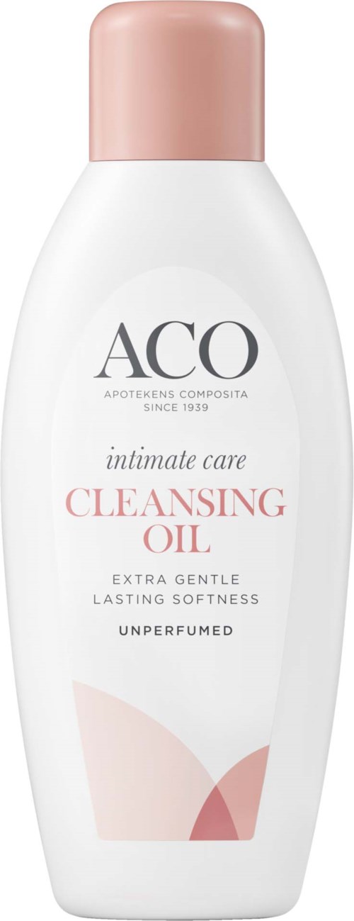 En vit flaska med rosa lock märkt 'ACO intimate care cleansing oil' för mild, doftfri hudtvätt.