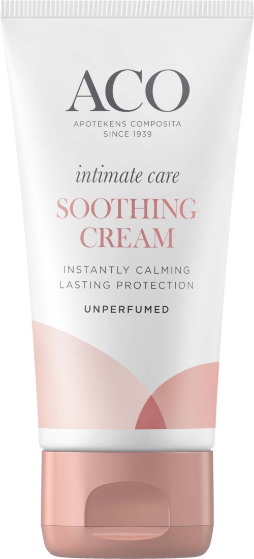 En tub med lugnande kräm med rosa och vit design, märkt 'ACO intimate care'.