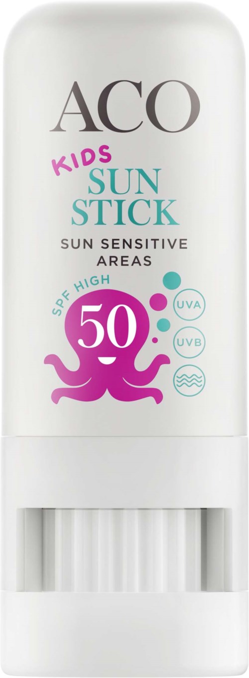 A white sunscreen stick for kids with SPF 50, gentle octopus logo, and protection for sensitive skin areas.