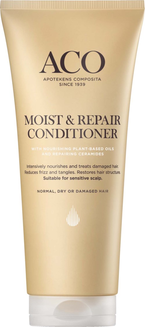 En flaska ACO Moist & Repair Conditioner för hår, med en ljusbeige design och svartvita text.