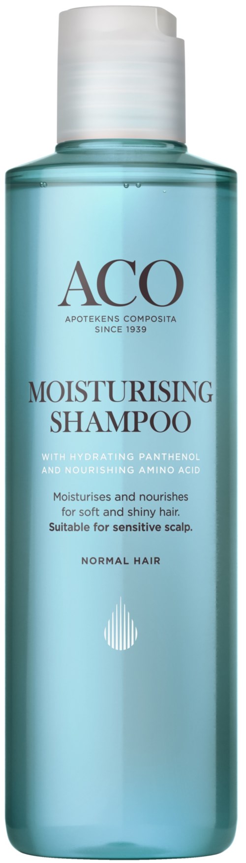 En klar, lång flaska med vitt lock, märkt ACO Moisturising Shampoo, för normalt hår, närande och passar känslig hud.