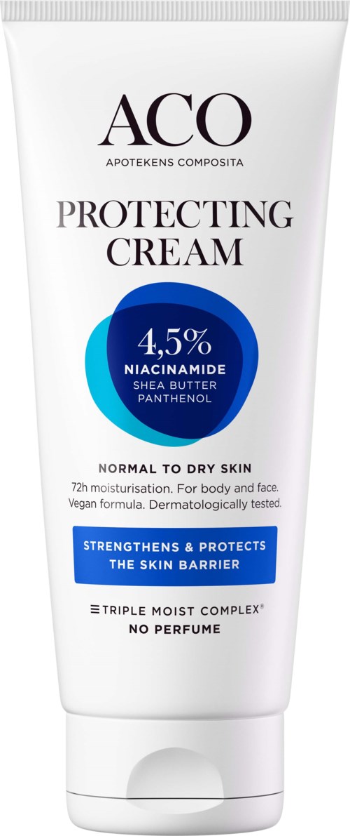 En vit tub med ACO Protecting Cream med blå och svart text, nämner ingredienser och hudfördelar.