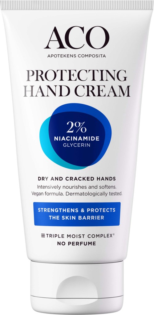 En vit tub med handkräm med blå och svarta texter, märkt "Protecting Hand Cream" och "2% Niacinamide."