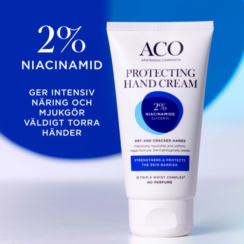 En handkrämflaska med blå och vit förpackning, som lyfter fram 2% Niacinamide för torra, spruckna händer.