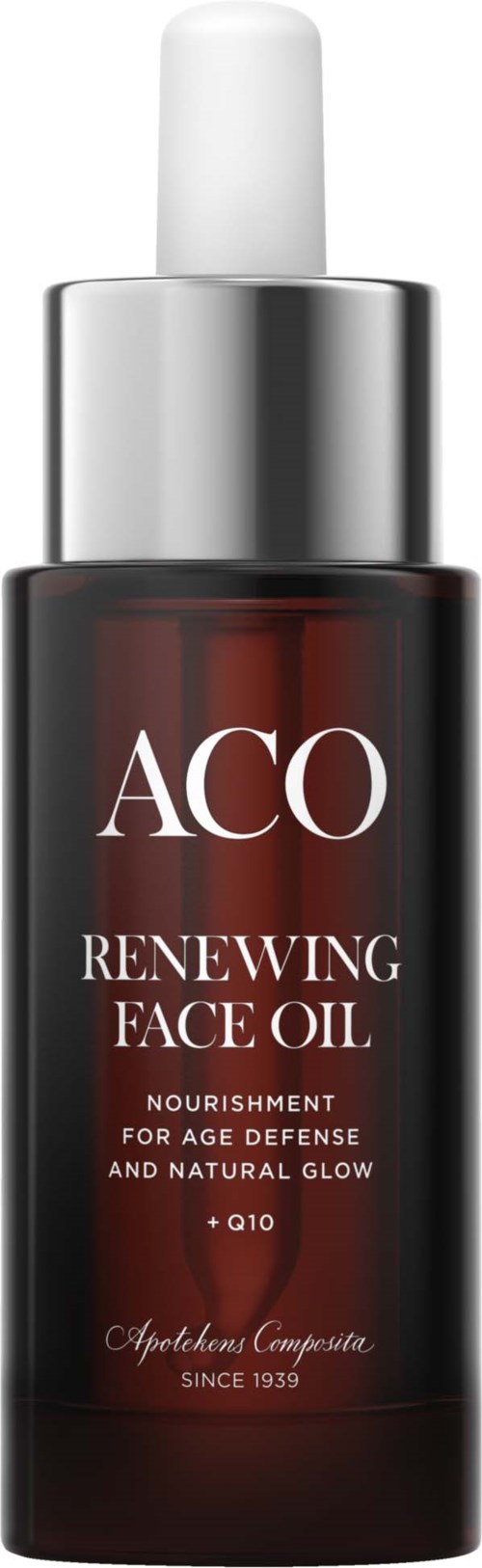 Eine dunkle Flasche mit weißem Tropfer, beschriftet 'ACO Renewing Face Oil' für Hautpflege und Glanz.