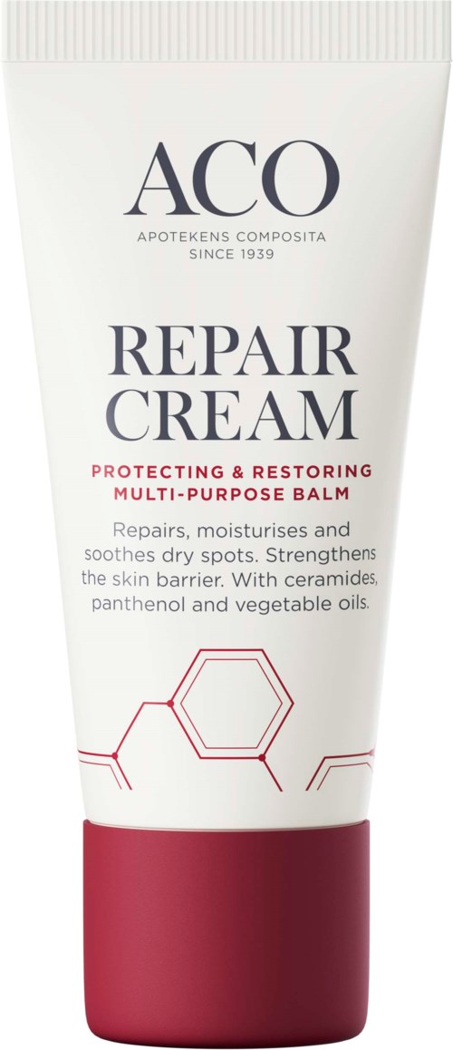 A tube of ACO Repair Cream with protection and restoration, featuring hexagon designs and a red base.