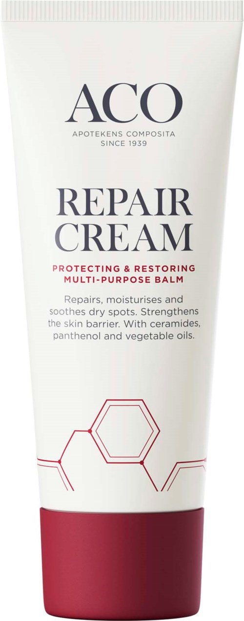 A white tube labeled 'ACQ Repair Cream' with a red cap, contains a multi-purpose balm for skin repair.