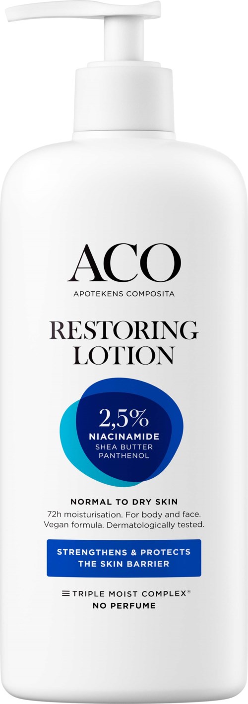 A white bottle with a pump labeled 'Restoring Lotion' containing 2.5% niacinamide, shea butter, and panthenol for skin. Sixty-four percent moisturizing.