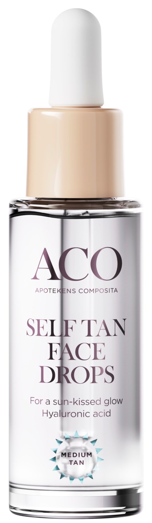Eine klare Flasche mit weißem Deckel enthält ein Hautpflegeprodukt namens self-tan face drops für einen sonnengeküssten Glanz.