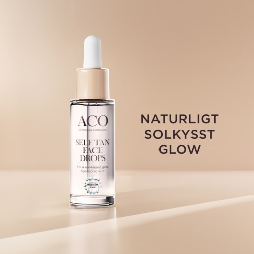 Eine klare Pipettenflasche mit beigem Deckel, Beschriftung 'ACO Self Tan Face Drops,' und Text über natürliches und strahlendes Hautbild.