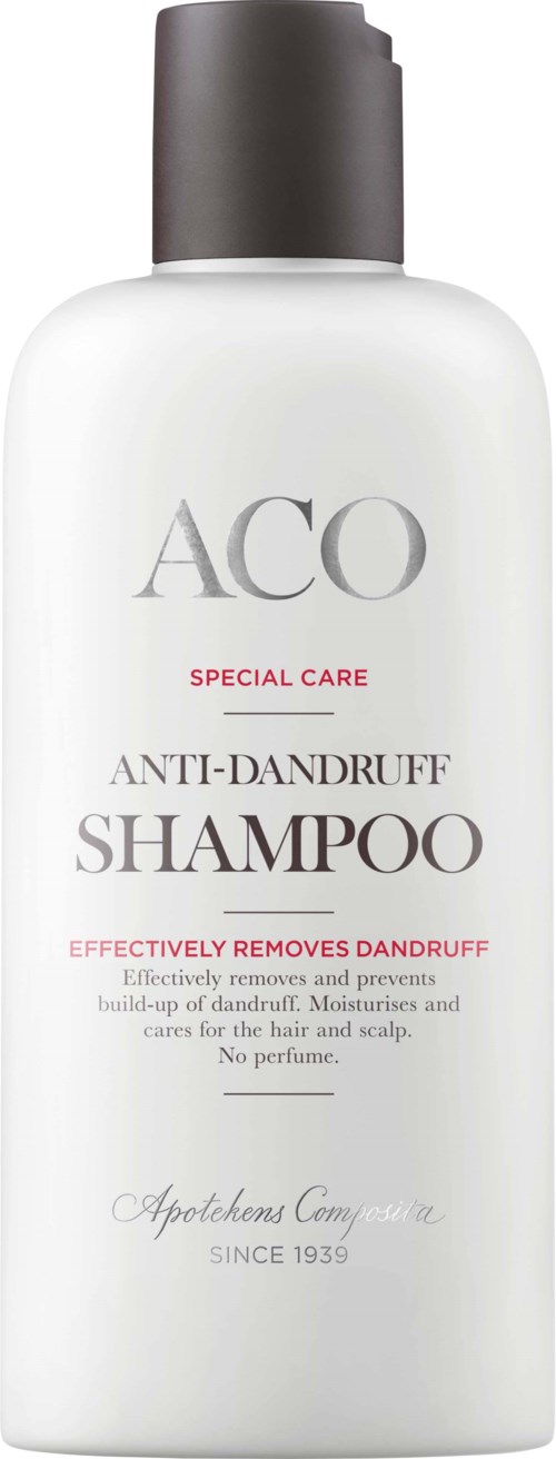 White shampoo bottle with black cap, labeled as ACO Anti-Dandruff Shampoo, effective and no perfume, since 1939.