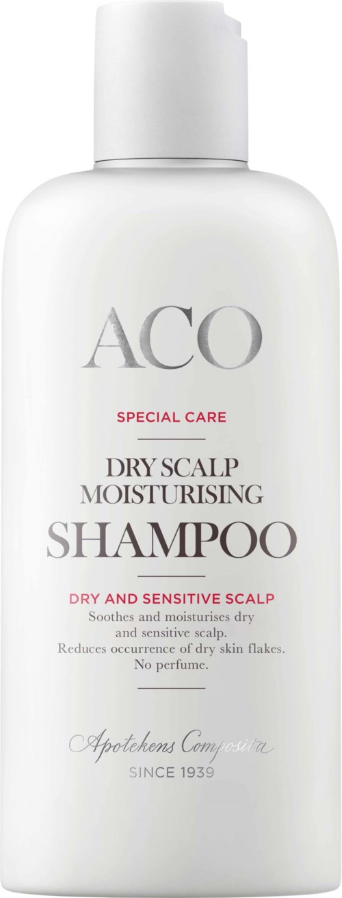 A white bottle of ACO dry scalp moisturizing shampoo for sensitive scalp. It reduces flakes and soothes irritation.