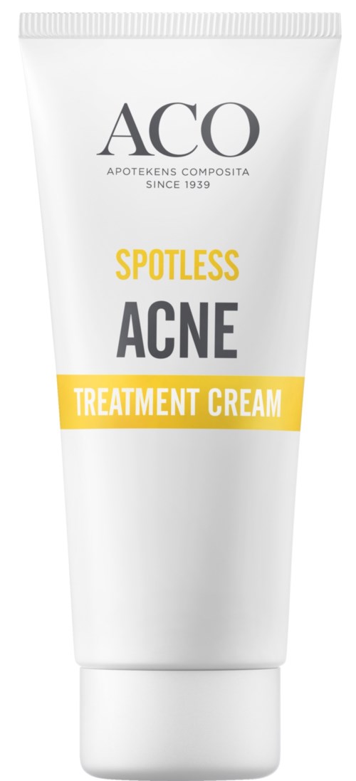 A white tube of acne treatment cream labeled "ACO Spotless Acne Treatment Cream."