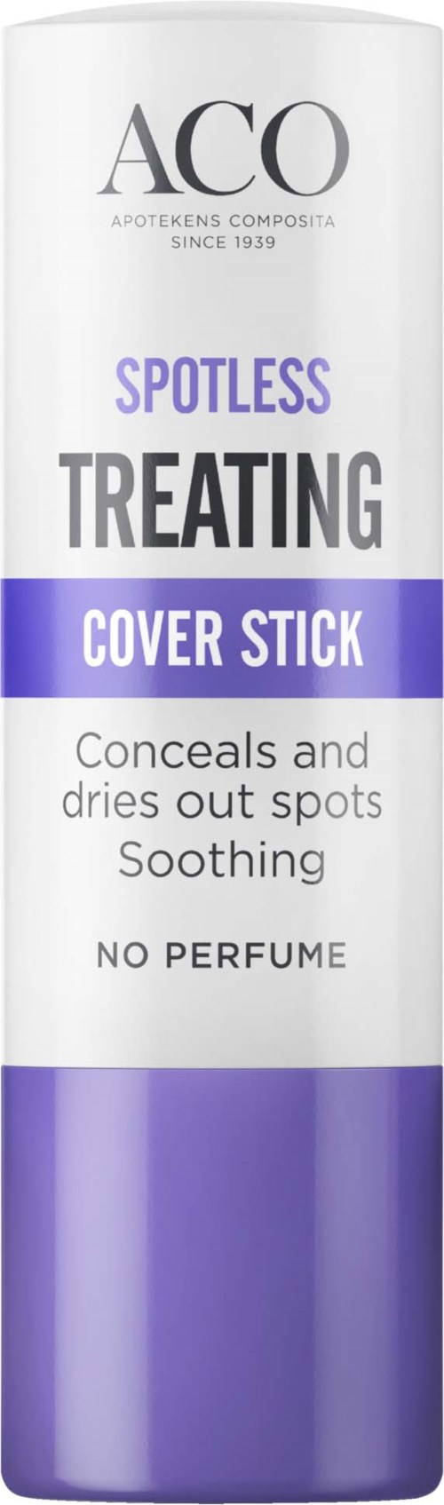 En vit och lila flaska med märkningen ACQ spot treatment cover stick för fläckar, parfymfri och lugnande effekt.