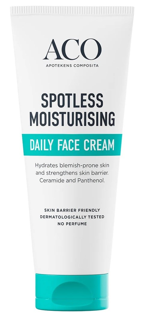 A white tube of ACO Spotless Moisturising Daily Face Cream with blue accents and black text.