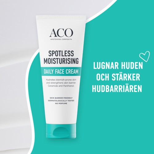 A white tube of AC0 face cream has black and blue text, with a teal background and a small heart icon.