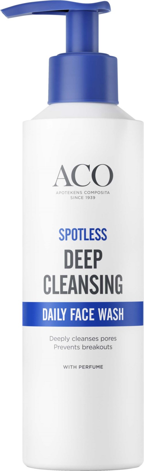 A white bottle with a blue pump labeled as a deep cleansing face wash with perfume for daily use.